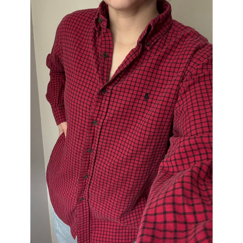 Ralph Lauren flannel button down plaid red black gingham christmas holiday y2k